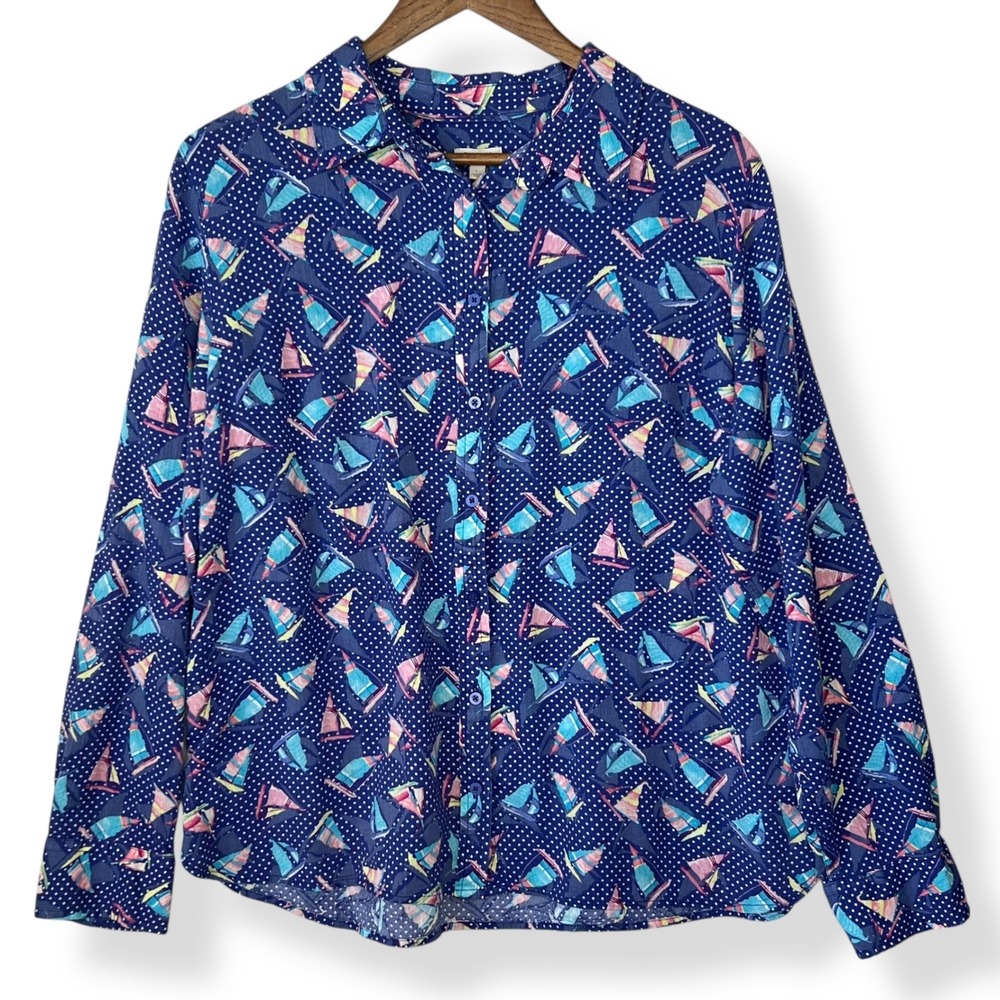 Talbots L 100% Cotton Long Sleeve Button Up Blouse Shirt Sailboat Blue Novelty